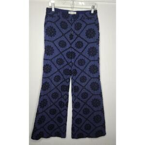 Anthropologie Etienne Pants Womens 6 Blue Embroidered Wide Leg Boho Geometric